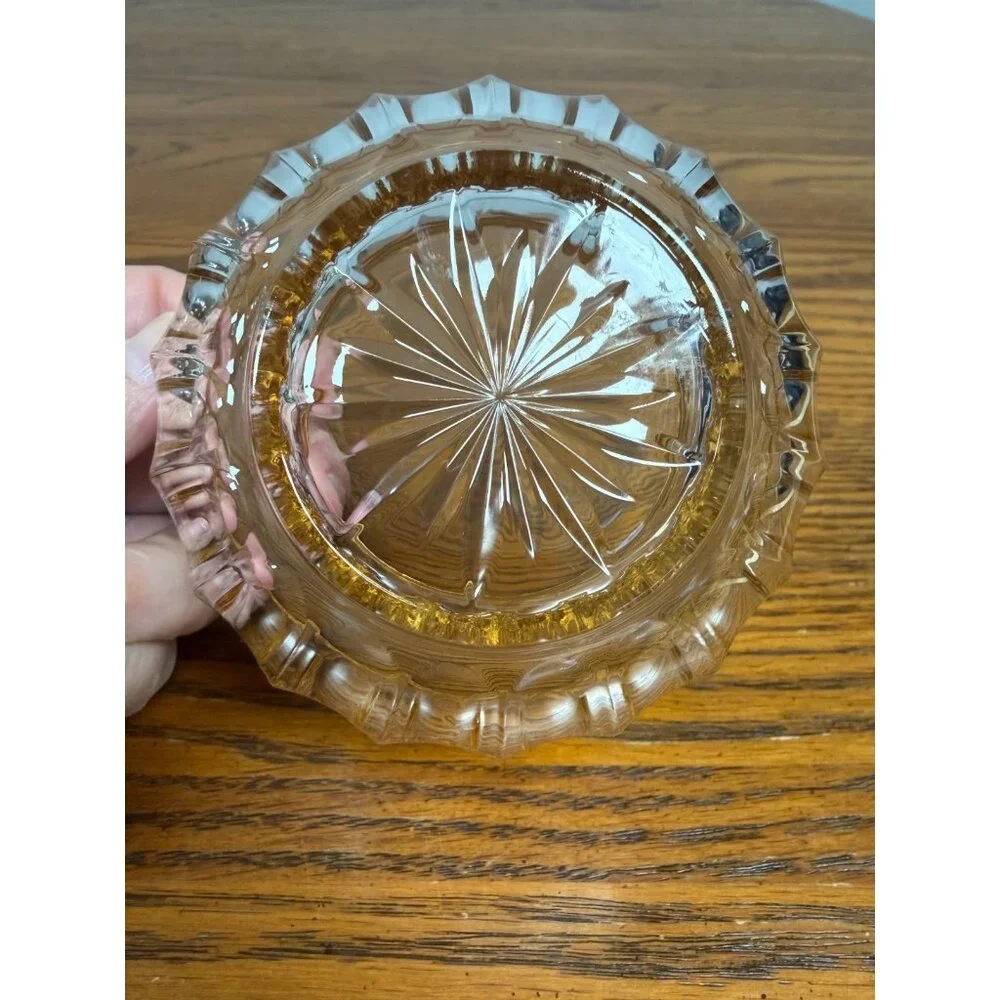 Celeste Gold‎ Tone Metal Leaf Filigree Cut Glass Trinket Bowl Vintage